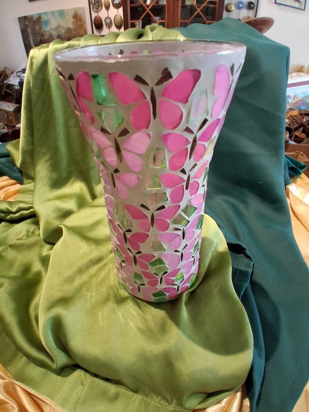 Handcrafted Mosaic Butterfly Vase Pink & Green Stained Glass Decor
